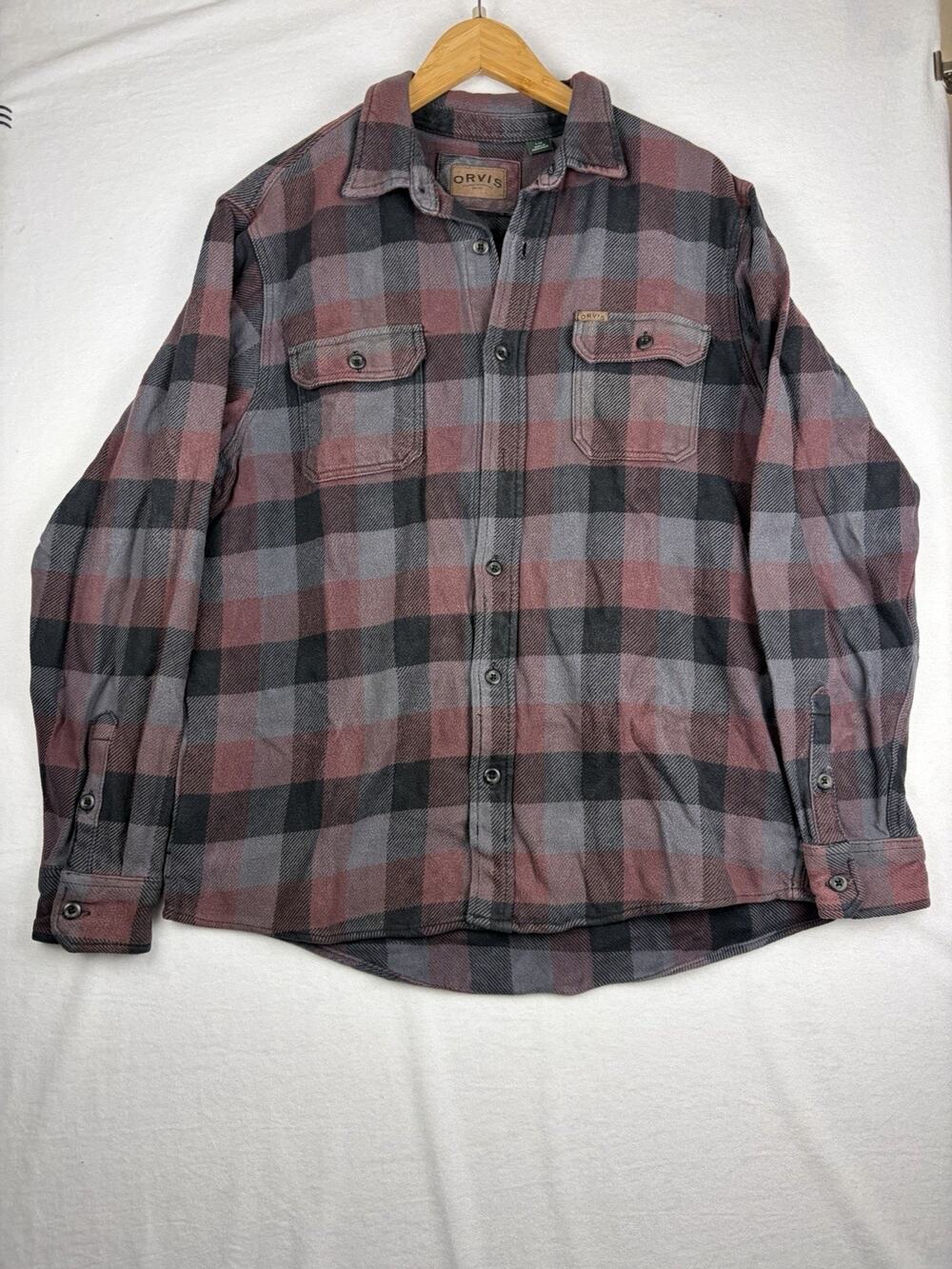 Orvis Flannel Shirt Men's Large Red Gray Buffalo Plaid Cotton Outdoor Workwear